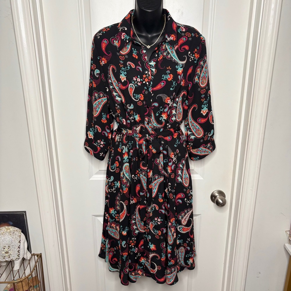 Nanette Lepore Paisley Shirt Dress Black Multi Color Size 10 Belted Maximalist